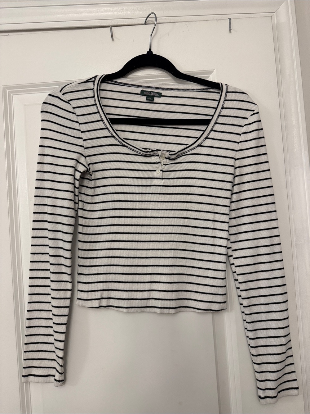 wild fable White and Black Striped Long-Sleeve Henley Tee